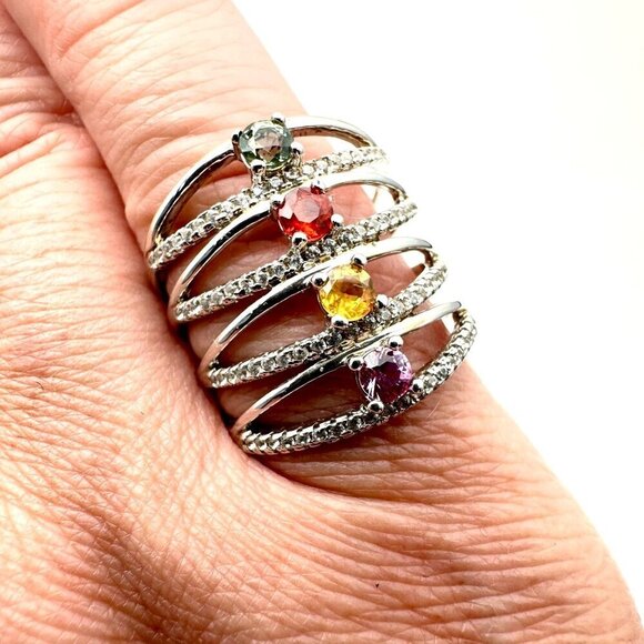 Signed SNJ Womens Ring Sterling Silver Multi Gemstone Size 9 - Picture 2 of 6